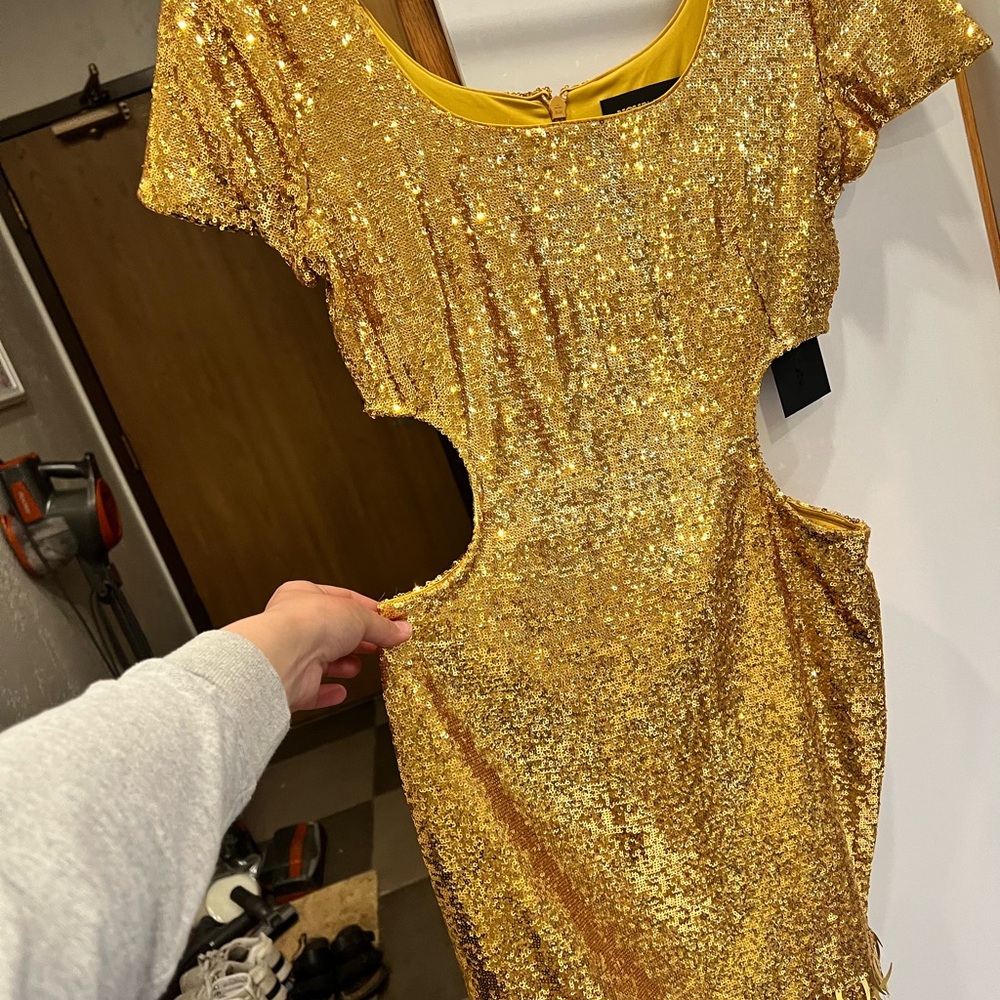 Fashion Nova Gold Sequin Cutout Cocktail Dress